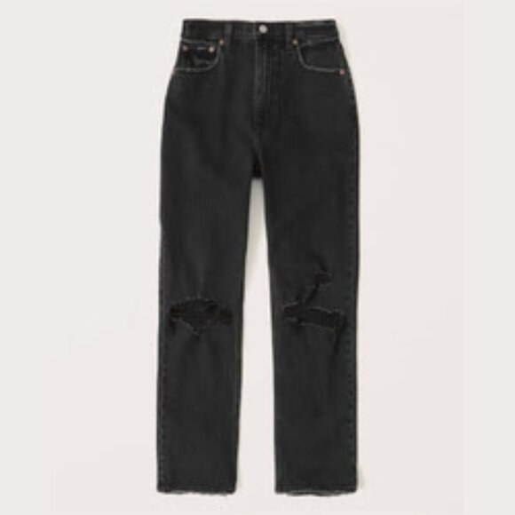 Abercrombie & Fitch Denim - A&F The Ankle Straight Ultra High-Rise Jean in Ripped Black, Size 27 Short (4S)